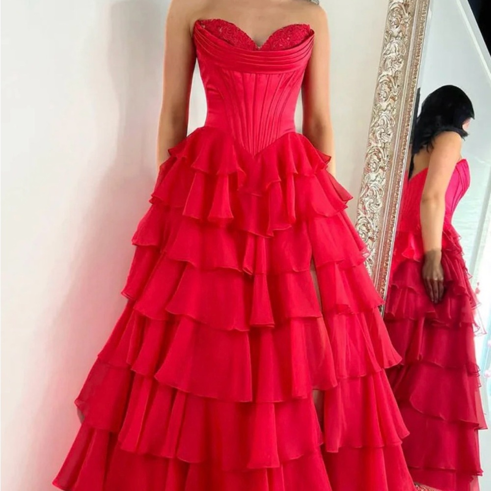 Sherri Hill Vibrant Red Strapless Layered Dress